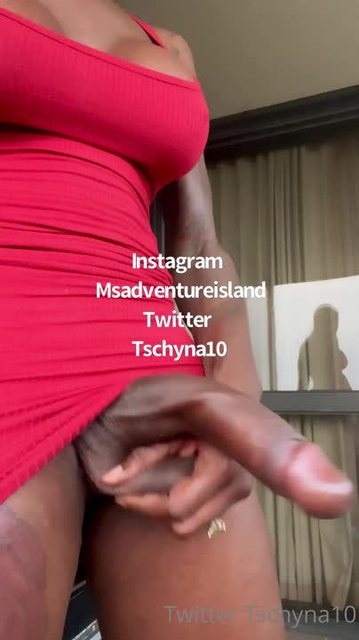 Mammoth Cock Ebony Babe Cumming in a Red Dress